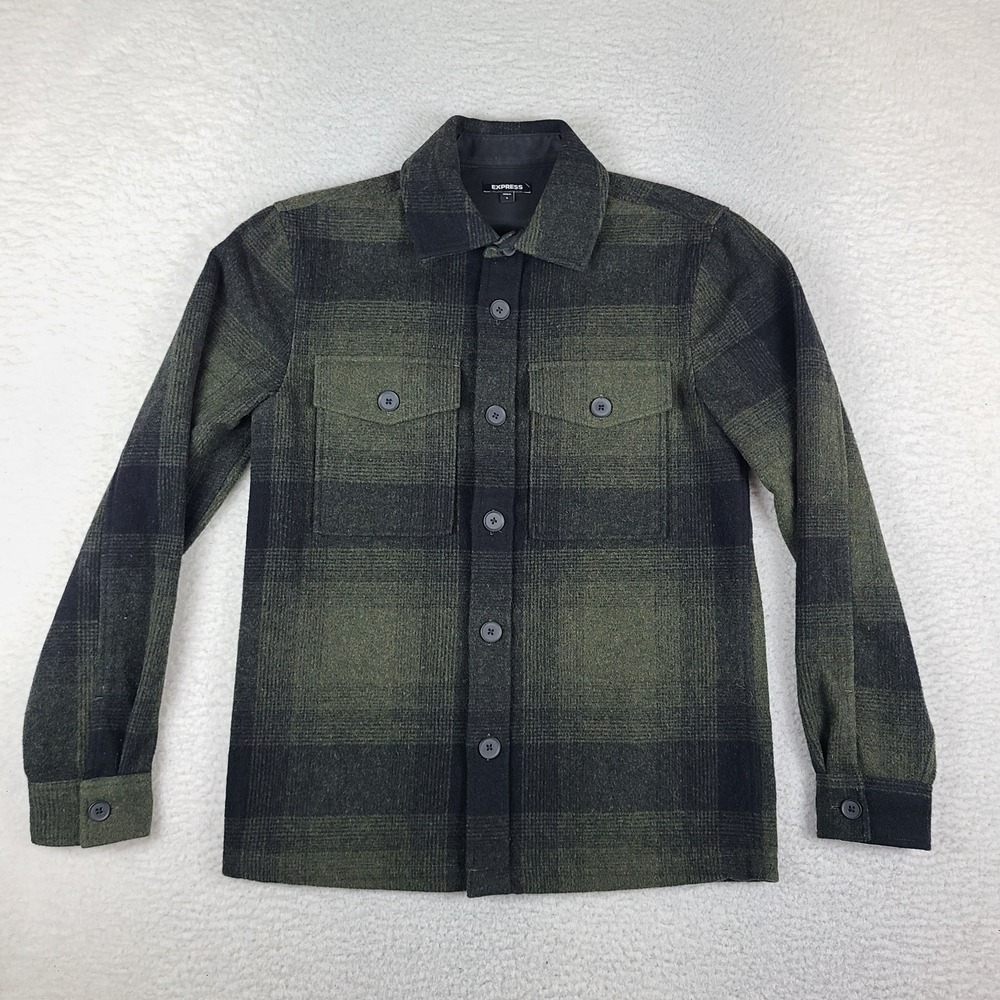 EXPRESS Flannel Shirt Mens Small Black Green Plaid Wool Polyester Button Up
